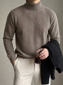 DAZY Spring/Autumn Solid Brown Textured Knit High Neck Fitted Base Layer Commute Korean Style Long Sleeve Men's Sweater - Grey - View 8