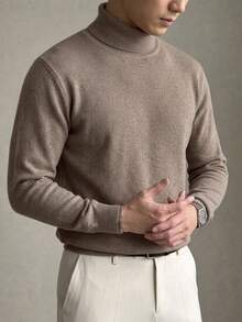 DAZY Spring/Autumn Solid Brown Textured Knit High Neck Fitted Base Layer Commute Korean Style Long Sleeve Men's Sweater - Grey - View 6