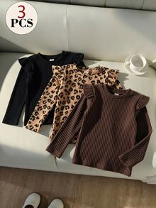 SHEIN 3件組女童幼兒秋冬時尚嬰兒粉 + 經典純黑色荷葉袖圓領長袖基礎層T恤返校上衣 - 彩色 - 查看 4