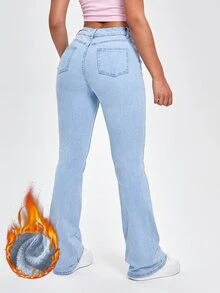 SHEIN EZwear Women's Casual Flared Leg Denim Jeans - Blue - View 2