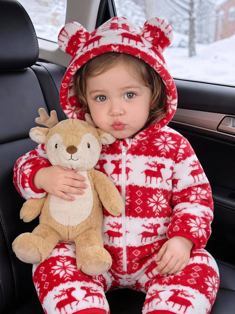 SHEIN Baby Girl Knitted Cute Deer Pattern Hooded Faux Fur Casual Romper - Multicolor - View 1