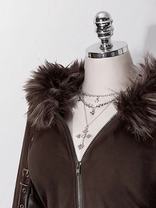 SHEIN ICON Plus Size Women's Y2K Retro Fur Collar Patchwork Regular Sweatshirt Jacket With Pocket Fall - Coffee Brown - View 5