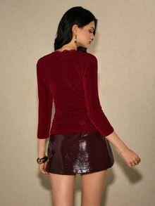 Poéselle Women's Spring/Autumn Sexy Elegant Solid Color Deep V-Neck Lace Trim Pleated Fitted T-Shirt - Burgundy - View 2