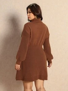 Elaquor Plus Size Women's Solid Color Faux Pearl Decor High Neck Long Sleeve Elegant Knit Dress - Multicolor - View 2