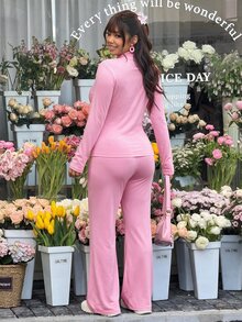 SHEIN EZwear 大尺碼休閒輕量瑜伽彈性夾克與喇叭褲兩件套 - 藕粉色 - 查看 2