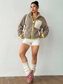 Exploreva Exploreva 女款拼色拉鍊門襟休閒戶外運動抓絨夾克 - 棕色 - 查看 7