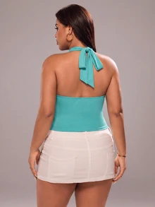 Rustia Plus Size Vacation Metal Chain Lace Trim Halter Neck Tie Tank Top - Green - View 2