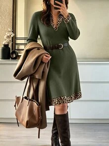 Weeklong Plus Size Ribbed Fleece Knit Mini Dress Leopard Print 2 In 1 Long Sleeve Casual Outfit - Army Green - View 4
