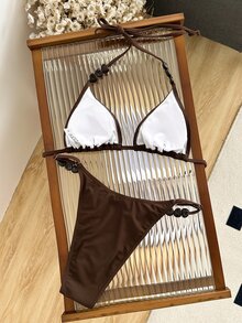 Swim Mod 女款純色棕色串珠掛脖三角比基尼套裝，可調節三角泳褲，2件式泳衣，適合海灘度假 - 咖啡棕 - 查看 5