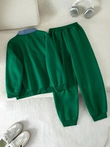 SHEIN 2pcs Tween Boys Gray-Blue Sporty Fashion Casual POLO Sweatshirt And Pants Set - Green - View 2