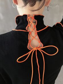 FRIFUL 女款立領長袖後綁帶設計休閒T恤 - 黑色 - 查看 3