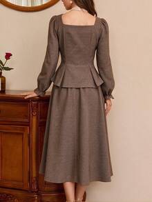 Vintamour Women's Elegant 2 Pieces Set With Contrast Lace Single-Breasted Shirt And Skirt - Brown - View 2