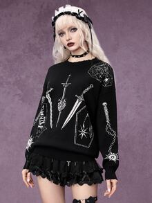 ROMWE Gothic Punk Halloween Outfit Metal Utensil Collage Pattern Distressed Raw Edge Design Round Neck Pullover Loose Fit Sweater - Black - View 1