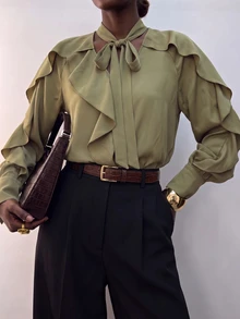 Vesra Women's Elegant Ruffle V-Neck Tie Long Sleeve Satin Blouse - Olive Green - View 7