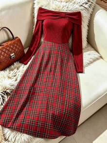 GlowEve Women's Off-Shoulder Long Sleeve Patchwork Plaid Hem Elegant Dress - Multicolor - View 4