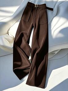 GlowEve Pocket Decor Waist Flared Leg Elegant Women Pants - Brown - View 1