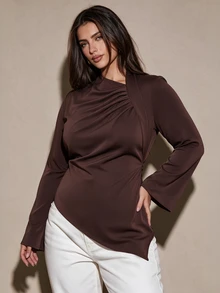 Elegantrix بلوزة نسائية مقاس كبير أنيقة بتصميم غير متماثل وملتوي مع حافة مجعدة وأكمام طويلة واسعة وتأثير تنحيف - بني - مشاهدة 1