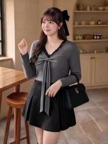 Bijouette Plus Size Women's Lace Patchwork Pleated Casual Daily Wear T-Shirt - Grey - View 3