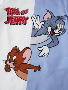 TOM & JERRY X SHEIN 男嬰夏季休閒趣味卡通字母印花拼接配色短袖連身衣睡衣 - 彩色 - 查看 4