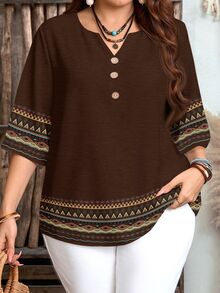 EMERY ROSE Women's Striped Geometric Pattern Notched V-Neck Short Sleeve Casual Shirt - Brown - View 1