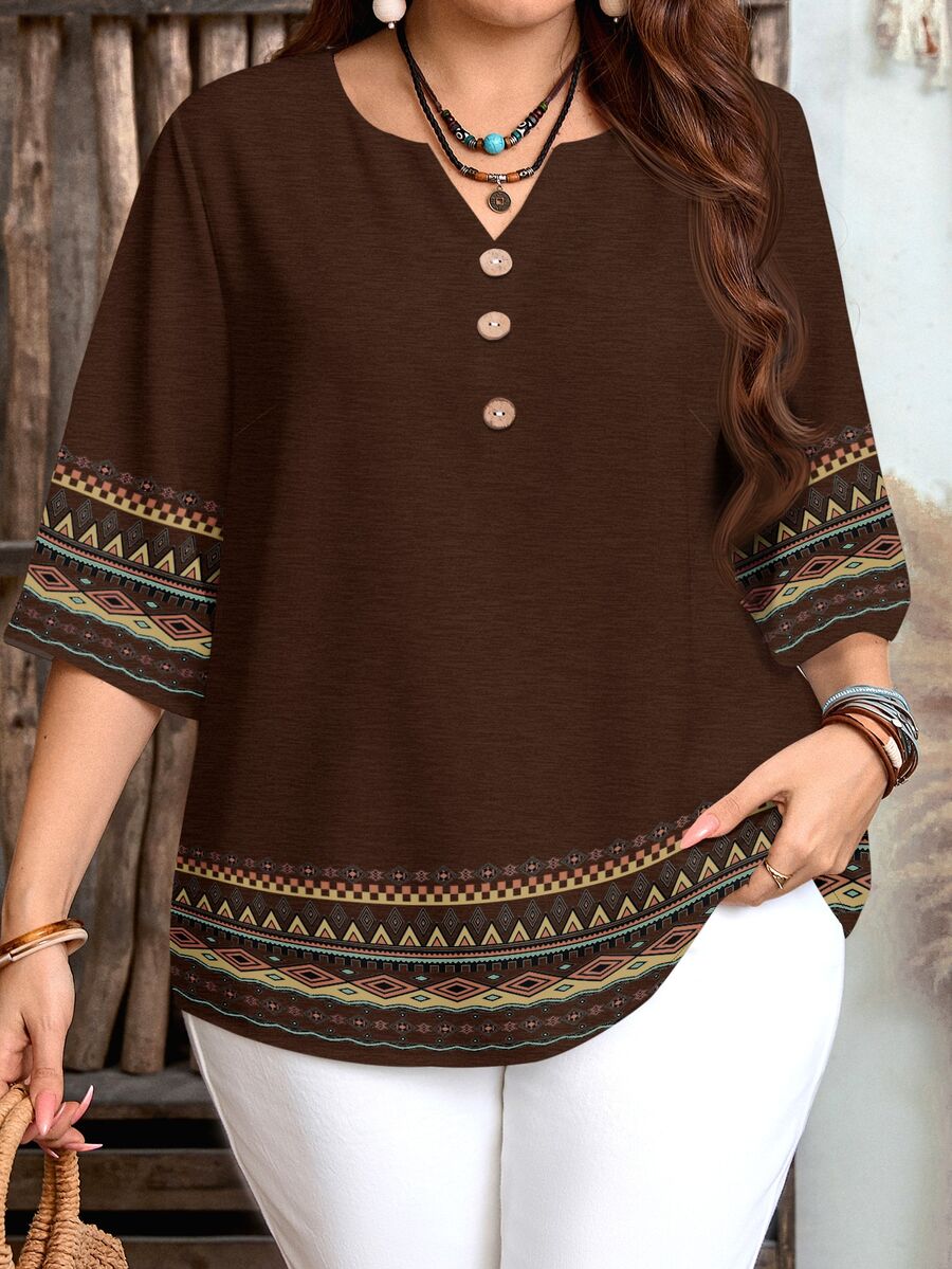 EMERY ROSE Women's Striped Geometric Pattern Notched V-Neck Short Sleeve Casual Shirt - Brown - View 1