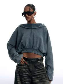 LYSMO Women's Solid Color Eyelet Decor Casual Daily Sweatshirt Autumn Clothes Y2K Sweatshirt Going Out Outfit - Grey - View 6