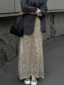 DAZY Nude Fine Sequin Elastic Waist Fully Lined Fashion Skirt - Gold - View 1