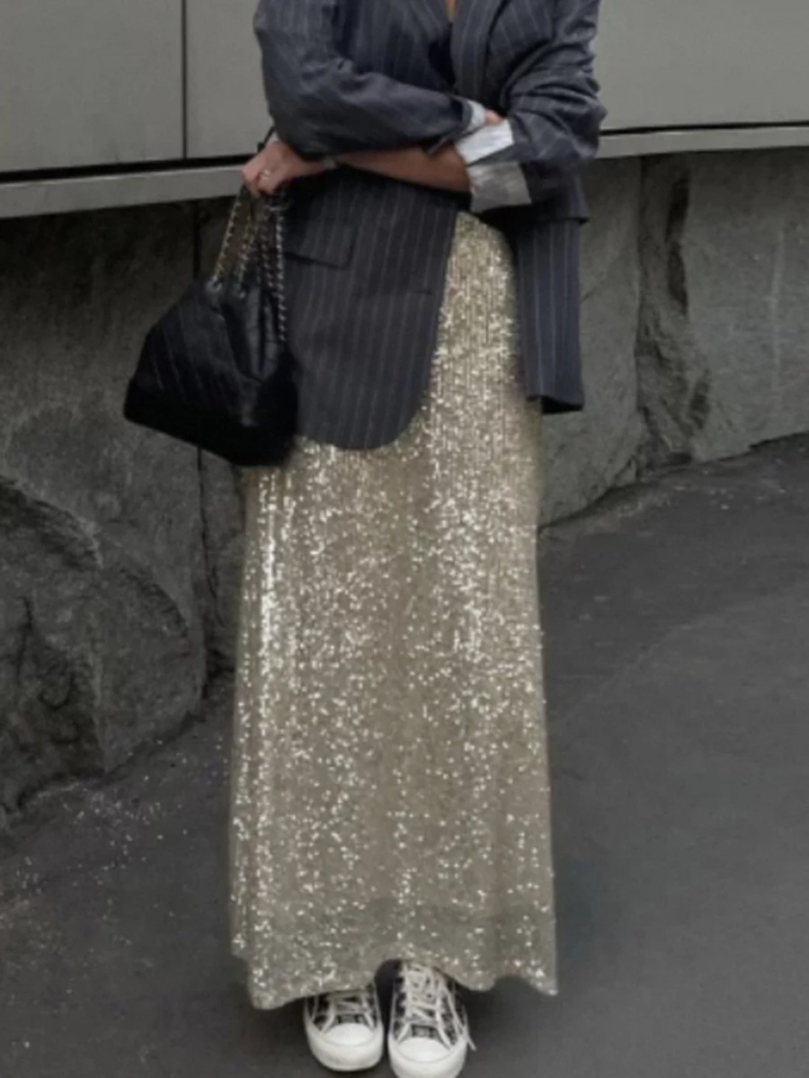DAZY Nude Fine Sequin Elastic Waist Fully Lined Fashion Skirt - Gold - View 1
