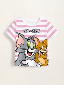 TOM & JERRY X SHEIN 女童條紋卡通印花圓領短袖休閒T恤 - 白色 - 查看 4
