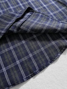 ROMWE MEN Street Life Men's Letter Print Long Sleeve Plaid Single-Breasted Casual Shirt - Blue - View 9