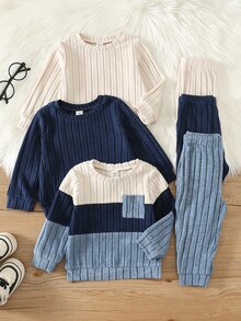 6-delat set för babypojke med mjuk stickad sweatshirt i kontrastfärg, rund hals, lång ärm och långbyxor med elastisk midja, mångsidigt och bekvämt - Blå - Visa 4