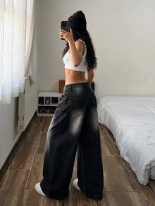StreetHx Women's Hot Girl Hip Hop Faux Two-Piece Waist Denim Jeans - Black - View 2