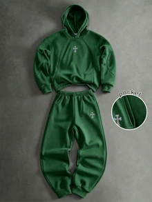 SHEIN 2件組男孩連帽衛衣與運動長褲套裝，初秋新品，返校必備，高端灰色極簡街頭風 - 墨綠色 - 查看 3