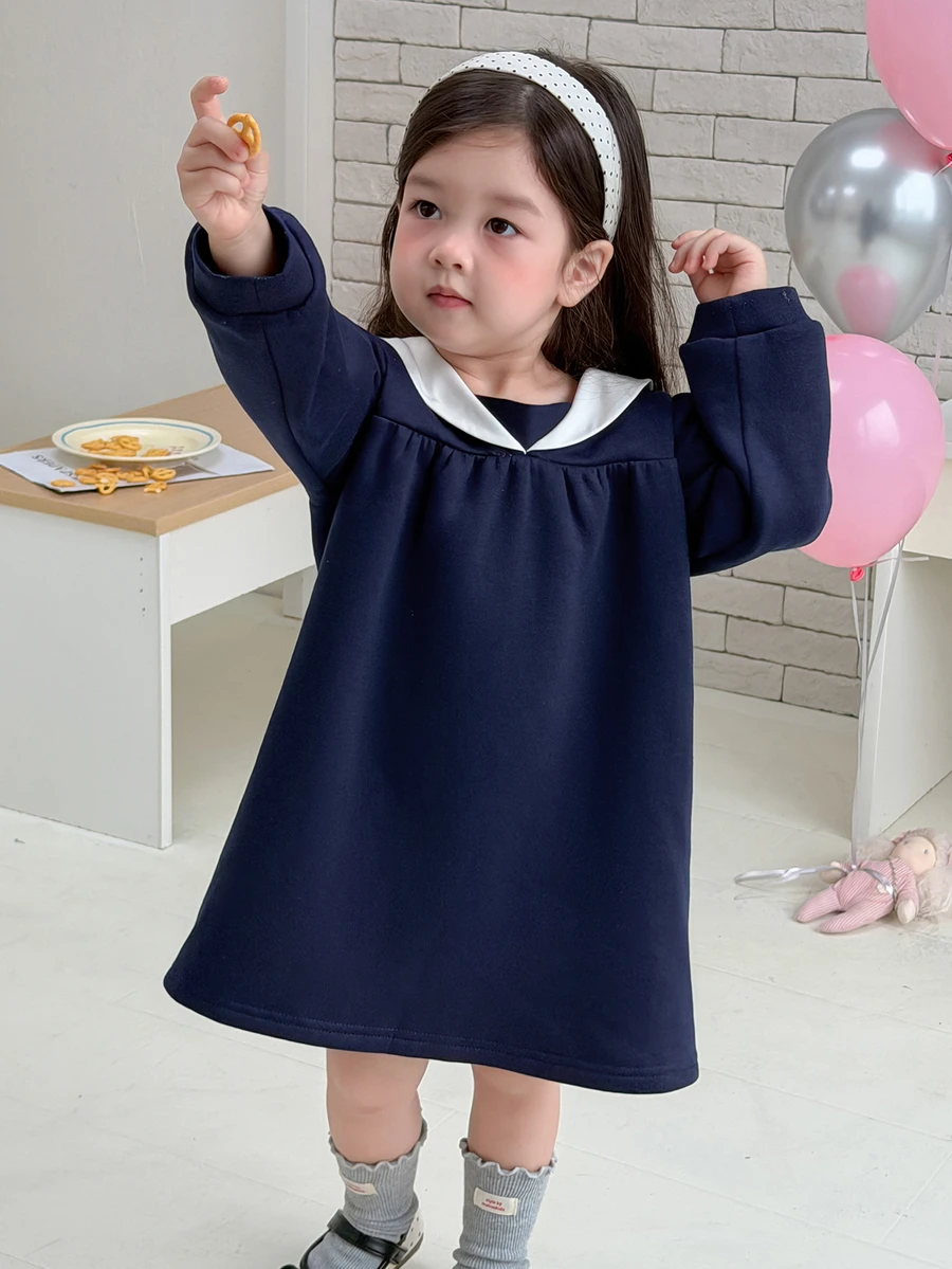 DAZY Baby Girl Long Sleeve Colorblock Collar Loose Casual Dress - Navy Blue - View 1