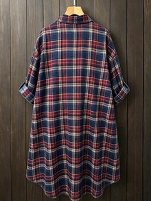 Linhara 女款大尺碼中長格紋襯衫，薄款面料，前短後長下擺，綁帶袖口設計，休閒日常寬鬆復古風，春秋款 - 酒紅色 - 查看 2
