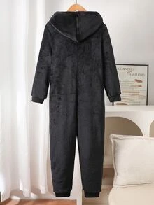 男童連帽長袖褲裝套裝，黑色與灰色恐龍刺繡圖案，簡約休閒舒適柔軟法蘭絨面料，保暖加絨冬季居家服 - 黑色 - 查看 2