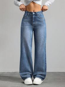 Jeanoix Y2K Plus Size Women's High Waist Wide Leg Denim Jeans, Classic Blue Loose Street Style Denim Pants - Medium Wash - View 1