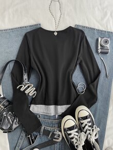 Attitoon Women's 2 In 1 Patchwork Casual Daily Long Sleeve T-Shirt - Black - View 2