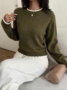 SHEIN BASICS Women Sweaters Office Brunch Olive Green Autumn French - Green - View 3