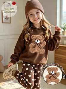 SHEIN Explorewe 女童卡通熊愛心印花棕色連帽衛衣與慢跑褲套裝，舒適四季百搭2件套，休閒舒適多功能，適合街頭穿搭、日常休閒、返校與聚會，秋季服飾 - 黑色 - 查看 6