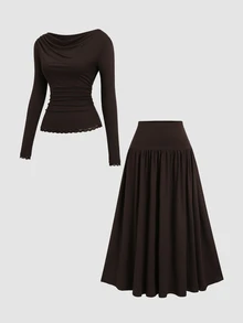Sweetra Minimalist Knitted Patchwork Lace Long Sleeve T-Shirt And Versatile Casual Maxi Skirt Set - Coffee Brown - View 1