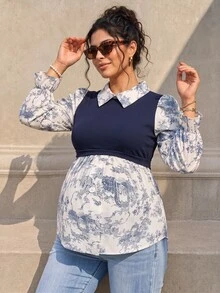SHEIN 孕婦哺乳上衣 配色設計 休閒日常長袖 - 藍白色 - 查看 11
