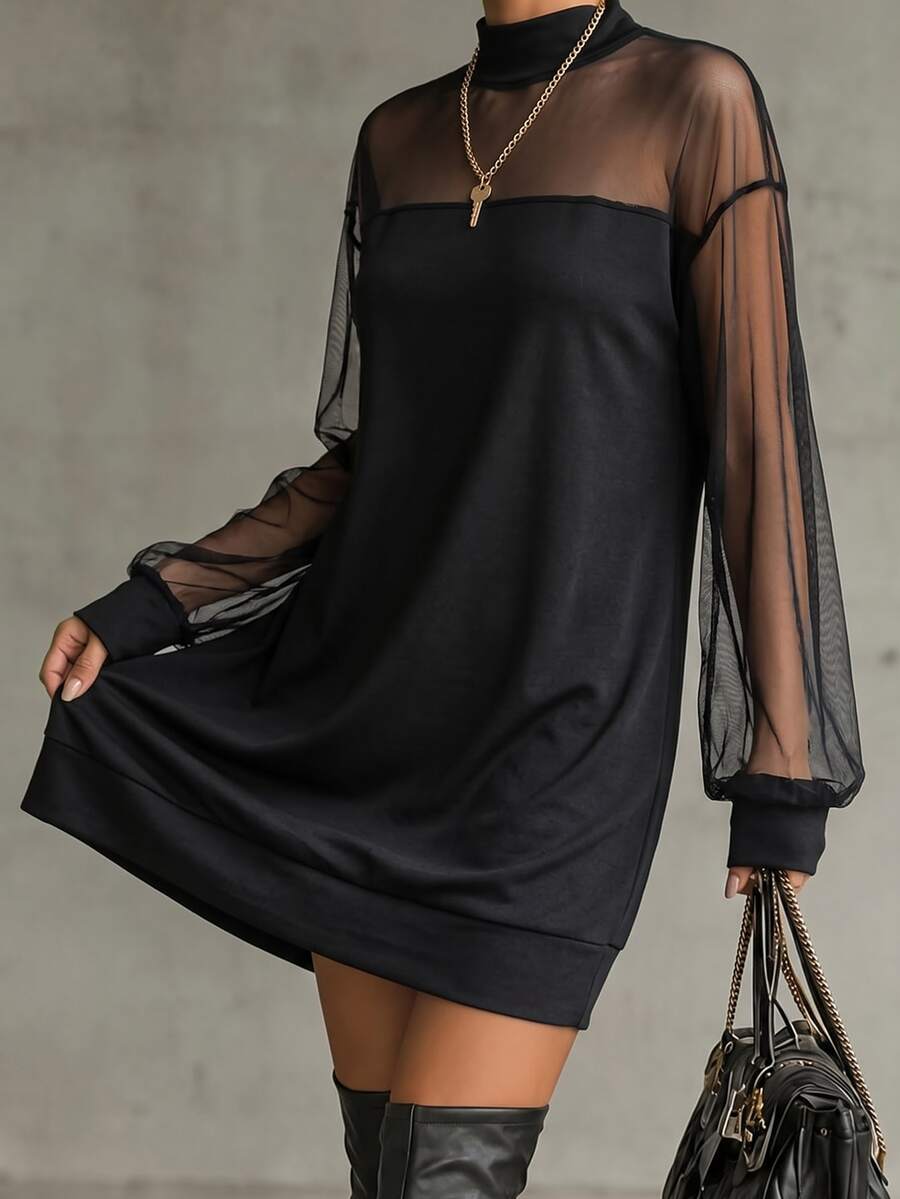 SHEIN PETITE Black Sheer Patchwork Mid-Neck Petal Sleeve Mini Dress - Black - View 1
