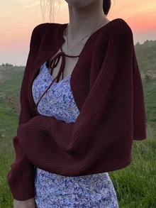 DAZY Solid Batwing Sleeve Tie Front Crop Cardigan,Long Sleeve Tops - Red Violet - View 1