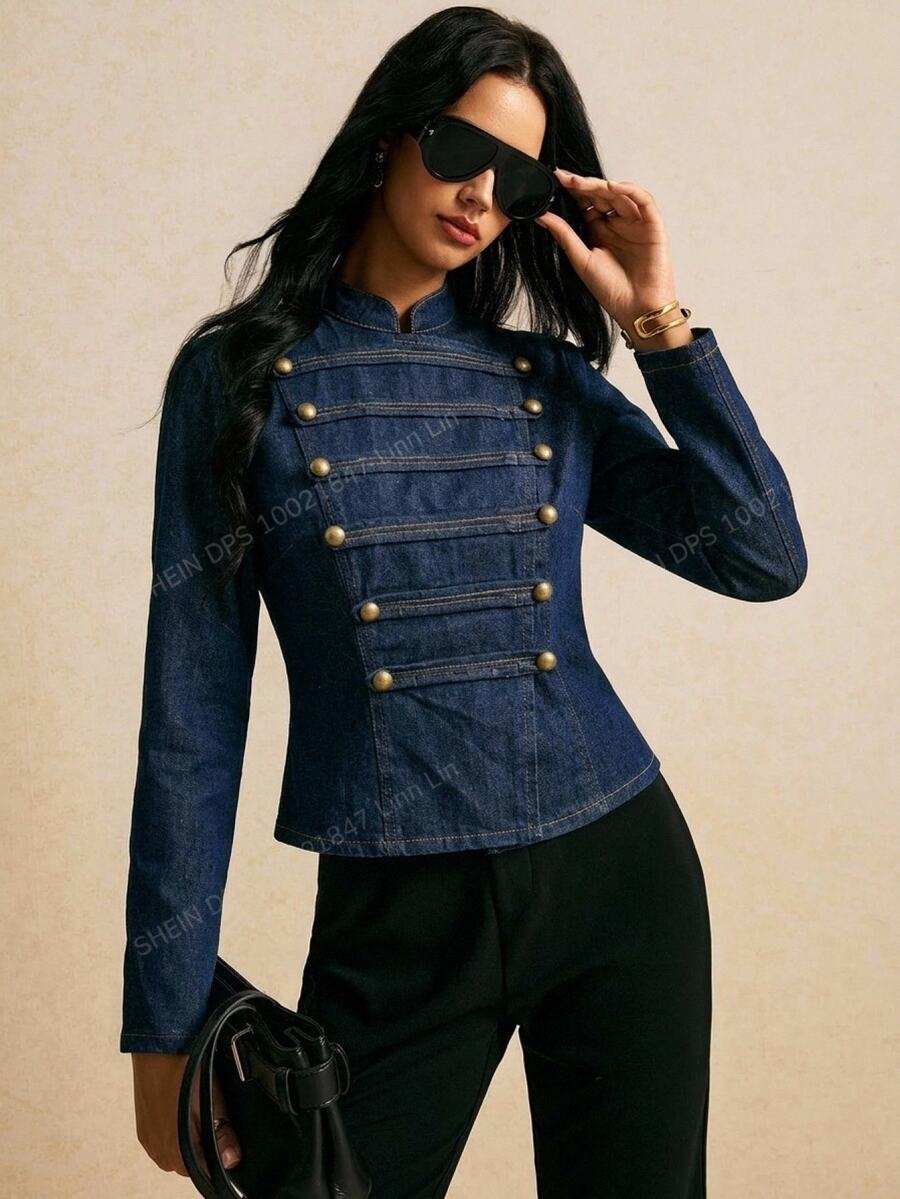 Poéselle Women's Stand Collar Long Sleeve Button Design Napoleon Denim Jacket - Dark Wash - View 1