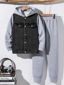青少年男孩 2件套休閒現代時尚拼接夾克與長褲，適合秋冬日常穿著 - 灰色 - 查看 7