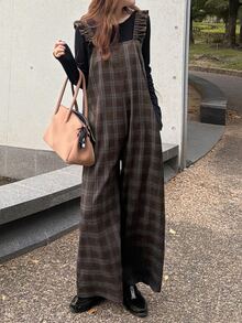 FRIFUL Women's Plaid Casual Versatile Everyday Jumpsuit - Black - View 1