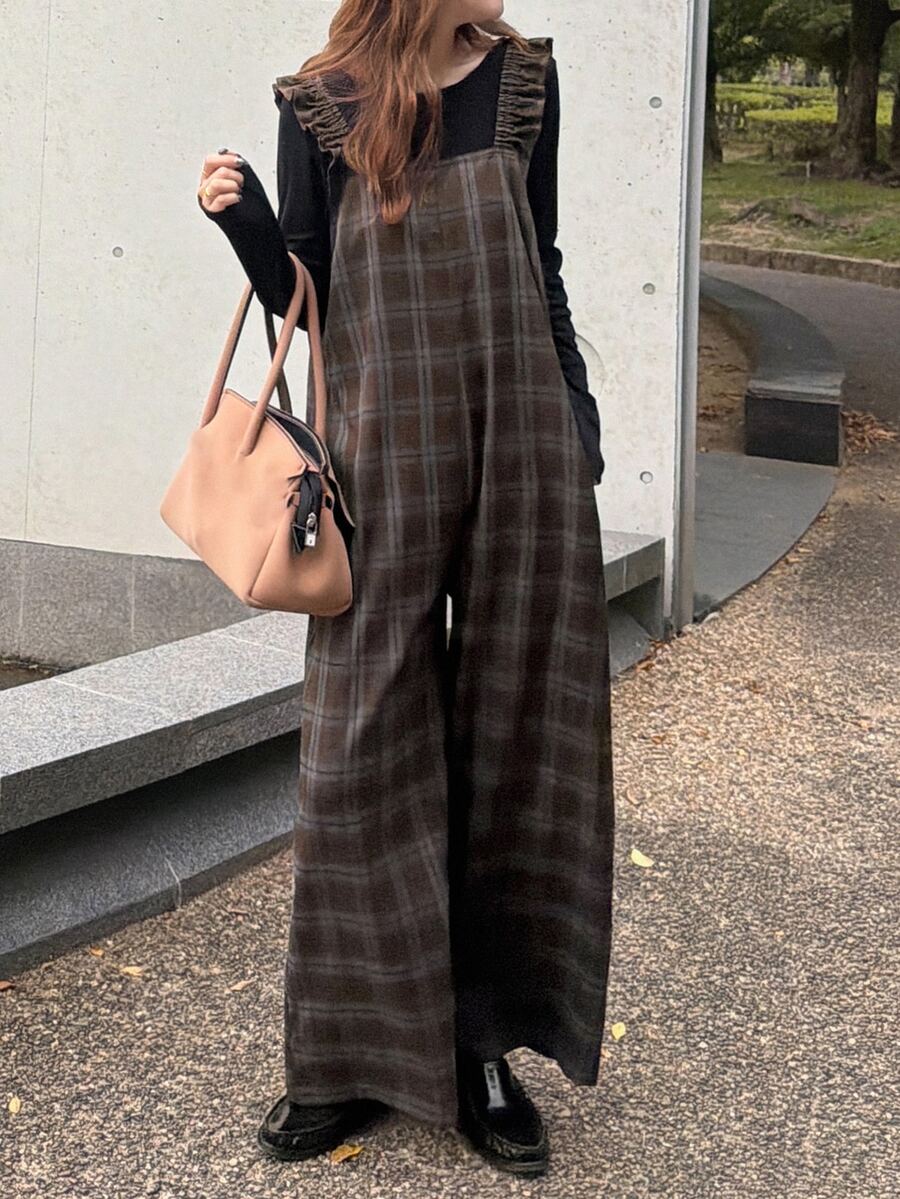 FRIFUL Women's Plaid Casual Versatile Everyday Jumpsuit - Black - View 1