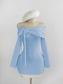 Elamini 女款秋冬露肩收腰蝴蝶結裝飾甜美可愛精緻百搭長袖針織洋裝 - 淺藍色 - 查看 1