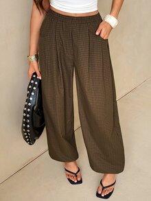 SHEIN Tall Tall Women's Brown Plaid Pattern Lantern Pants, Fashion, Casual, And Commuter Style - Brown - View 6